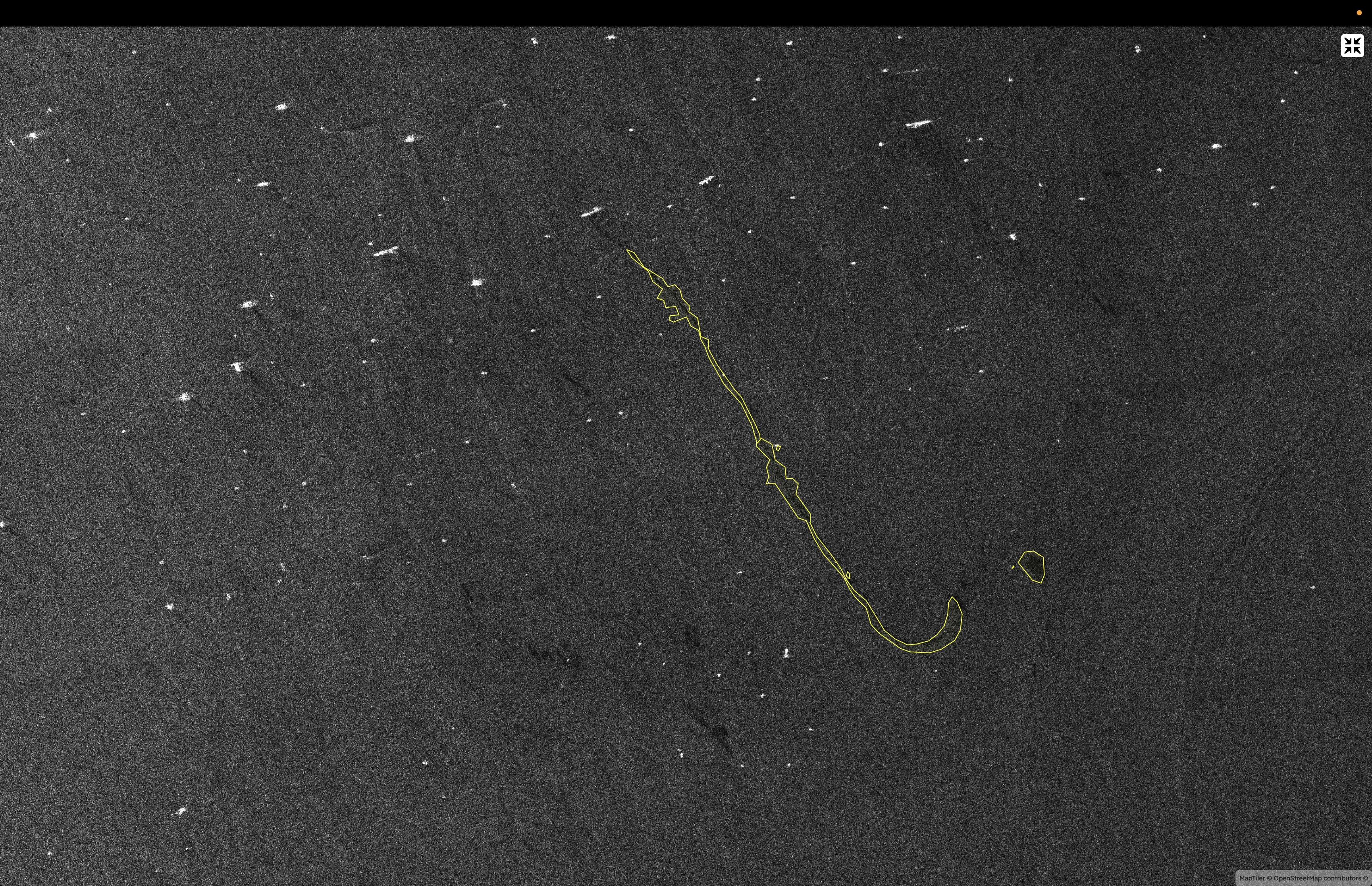 AI-processed SAR image highlighting a detected oil spill