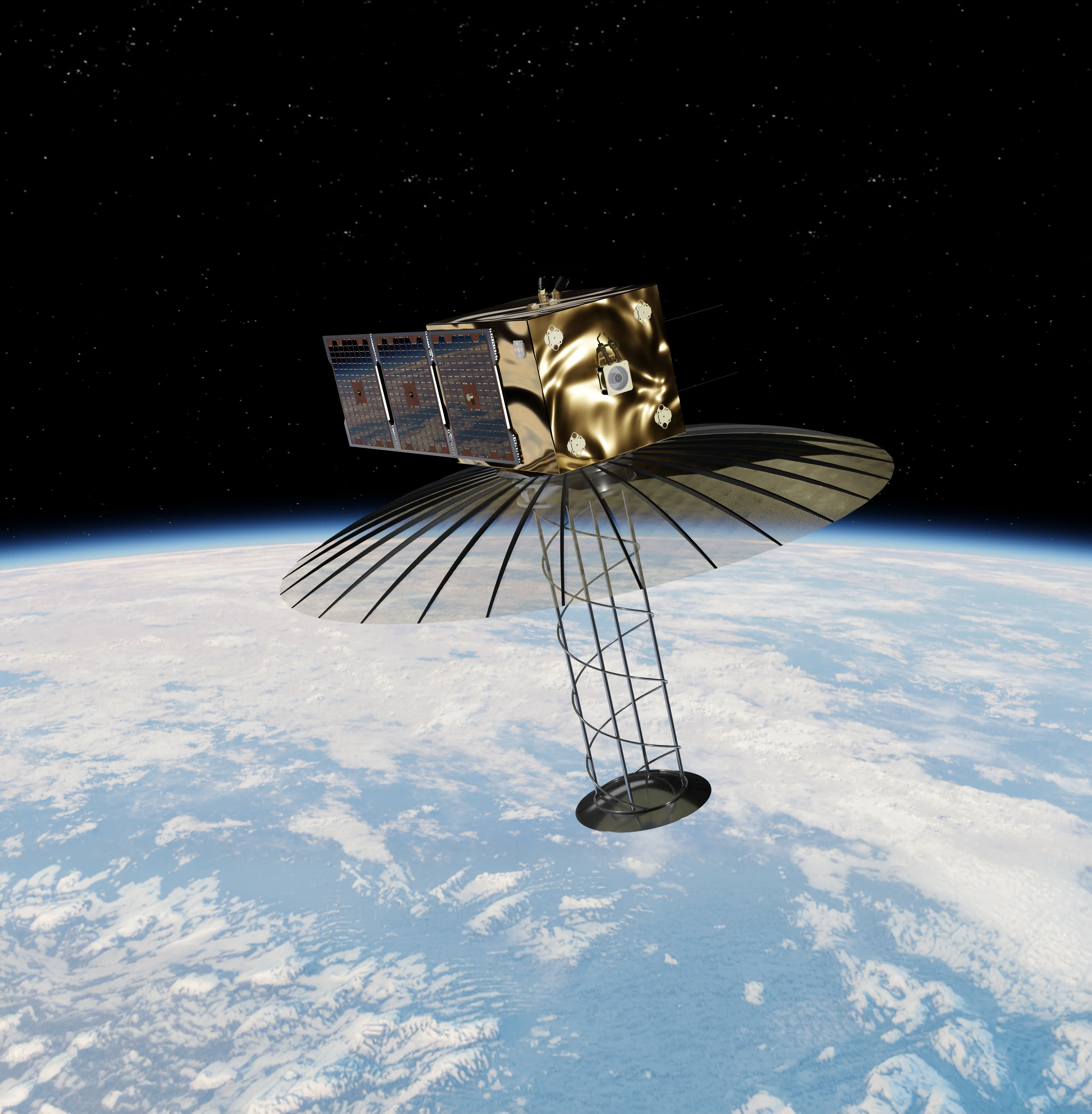 Golden satellite with a large, extended panel and solar arrays orbiting Earth, with the planet and stars in the background
