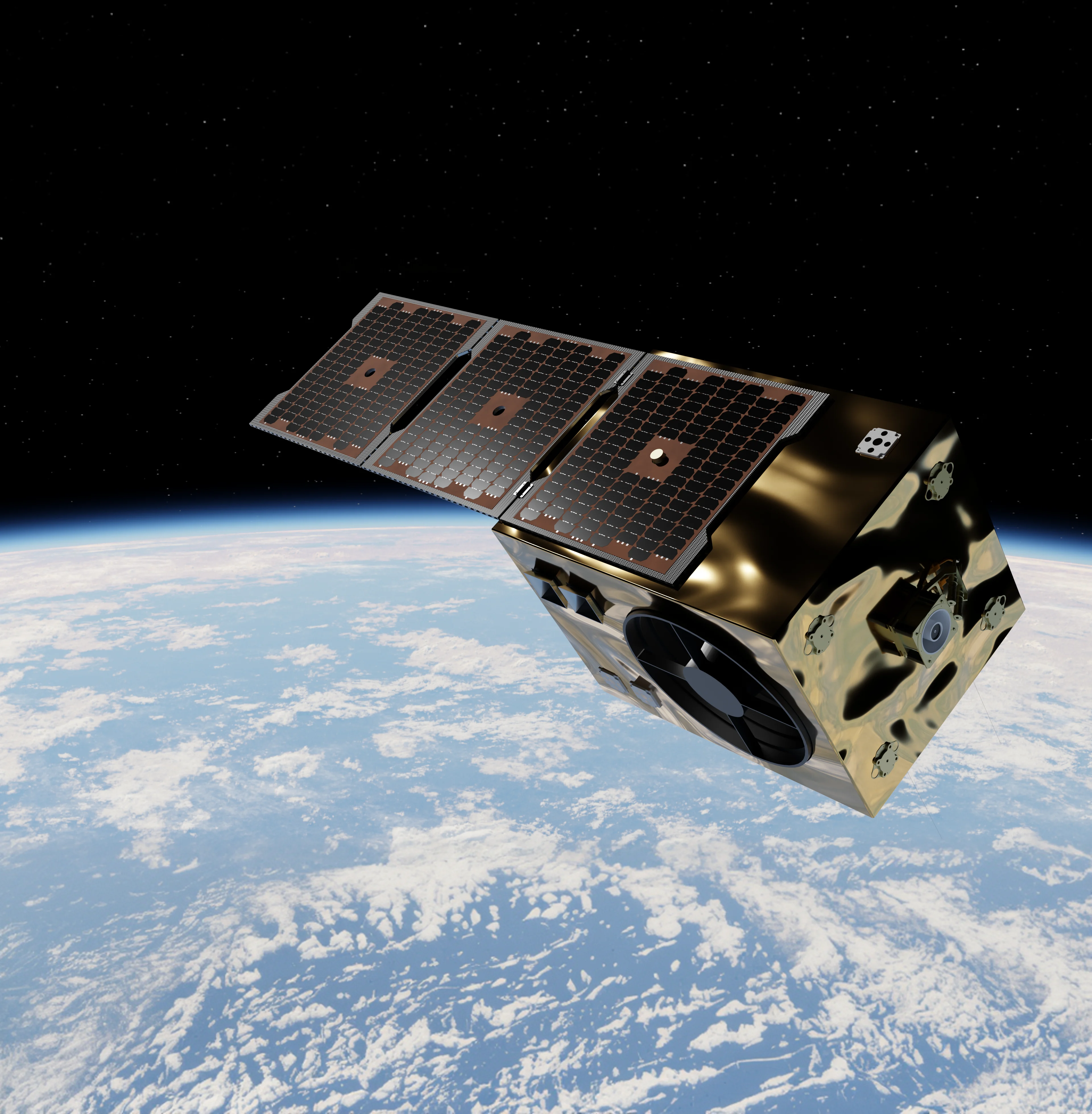 Golden satellite with a large dish antenna and solar panels in Earth orbit, against a backdrop of space