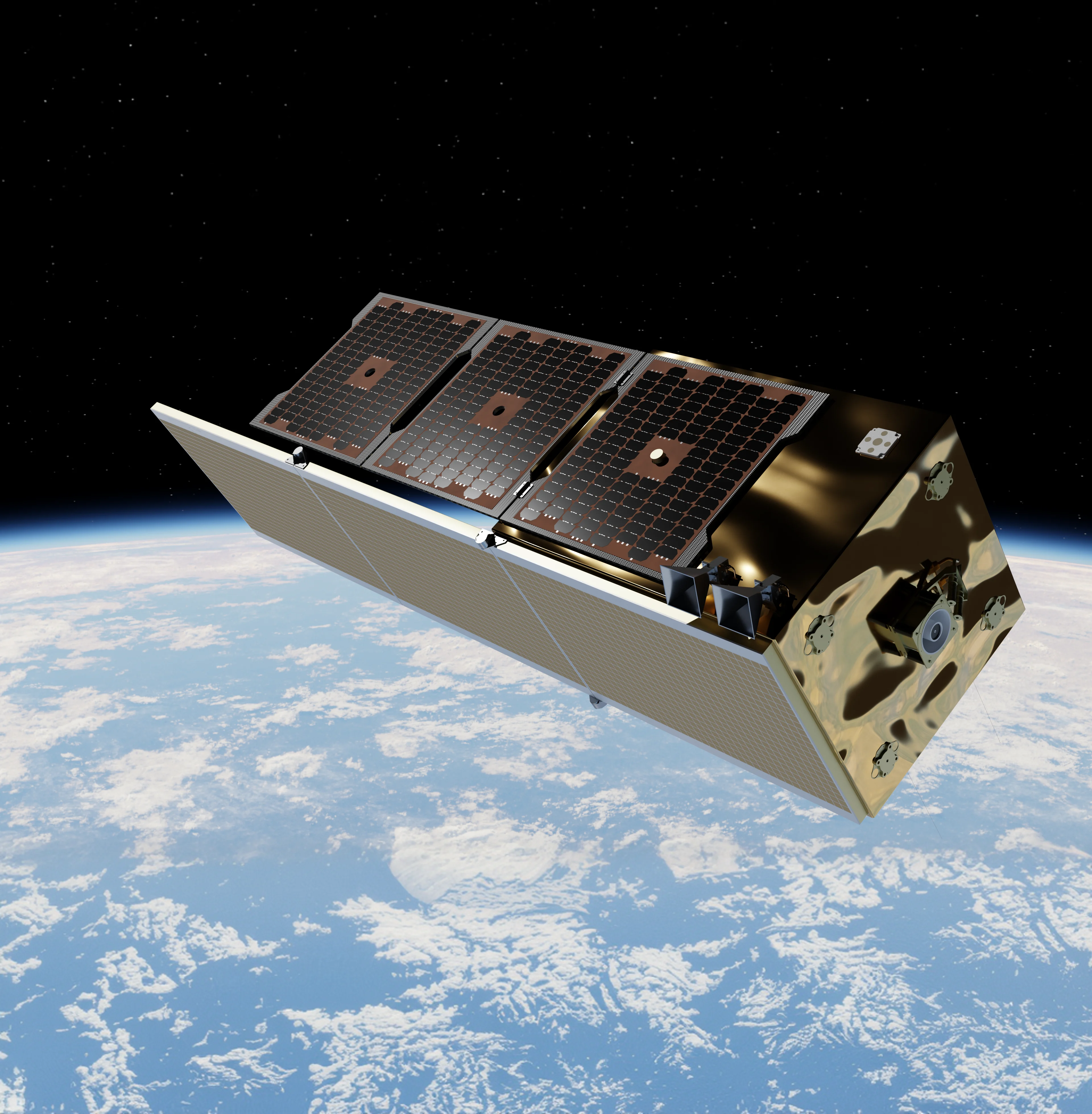Golden satellite with three solar panels orbiting Earth with clouds and oceans visible below
